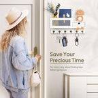 FifthQuarter Key and Mail Holder for Wall, Mail Organizer Wall Mount with 6 Hooks and Storage Drawer, Easy Installation Key Rack for Entryway and Home Decor (B-White)