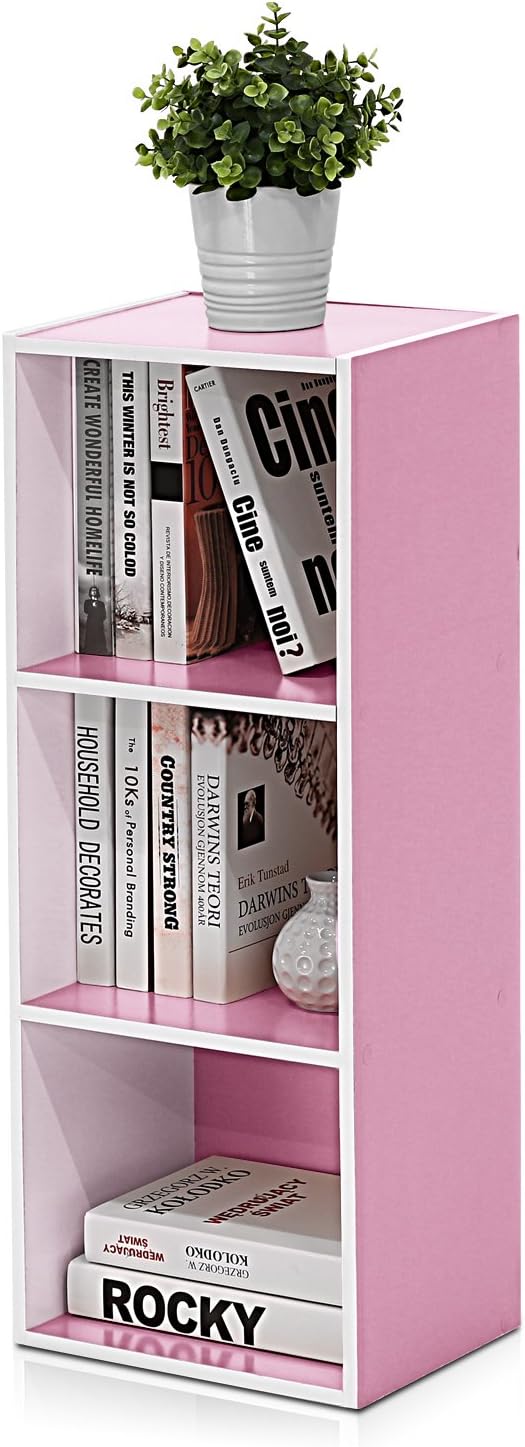 Furinno LUDER Book Shelf, 3-Cube Bookshelf, Bookcase with Open Shelves, 9.3 x 12 x 31.5, for Living Room, Bedroom, Home Office, White/Pink