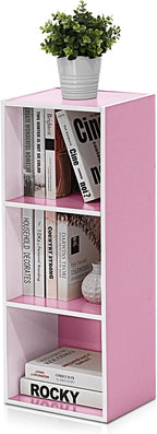 Furinno LUDER Book Shelf, 3-Cube Bookshelf, Bookcase with Open Shelves, 9.3 x 12 x 31.5, for Living Room, Bedroom, Home Office, White/Pink