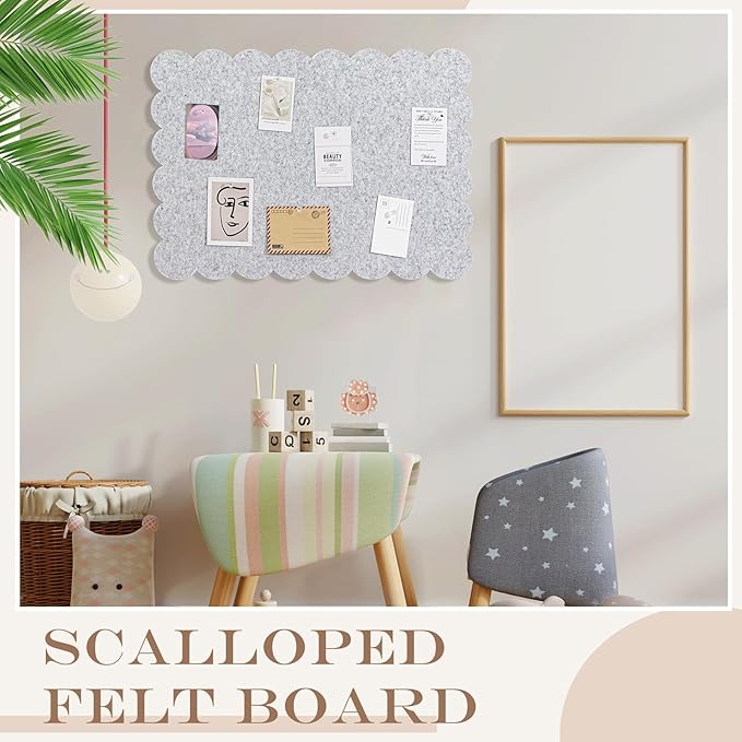Mooliwe Scalloped Felt Bulletin Board 36 x 24 Inches Foldable Light Gray Pin Cork Board Alternative for Wall, 3' x 2' Trifold Picture Vision Self Adhesive Bulletin Decorative