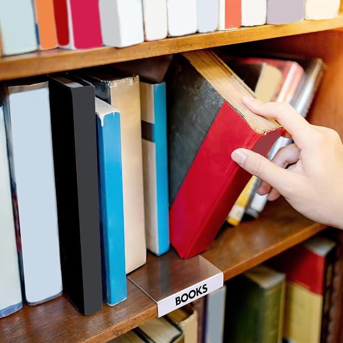 Containlol 50 Pcs Moveable Shelf Label Holders, Clear Bookshelf Label Library Shelf Markers Bookshelf Divider Tags for Library Office Classroom Home(6.5 x 3 x 0.63 Inch)