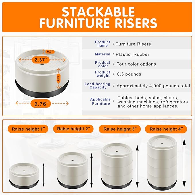 Furniture Risers Bed Risers Heavy Duty 1 inch, 2 inch, 3 inch, 4 inch Round Adjustable Bed Lifts Riser for Desk Legs Table Couch Sofa Chair Refrigerator Washing Machine (1 Inch, White, 16 Pack )
