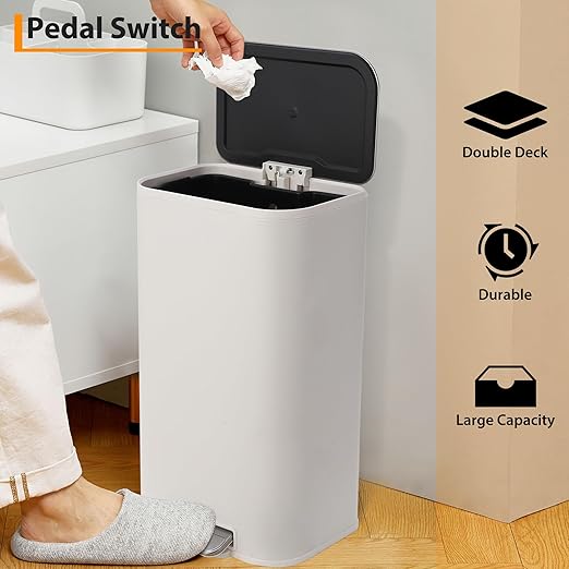 DYTesa 8 Gallon White Stainless Steel Foot Pedal Trash Can | Rectangular Slim Design Saves Space | Soft-Close Lid & Removable Inner Bucket | Stylish Garbage Bin for Kitchen, Office, Living Room