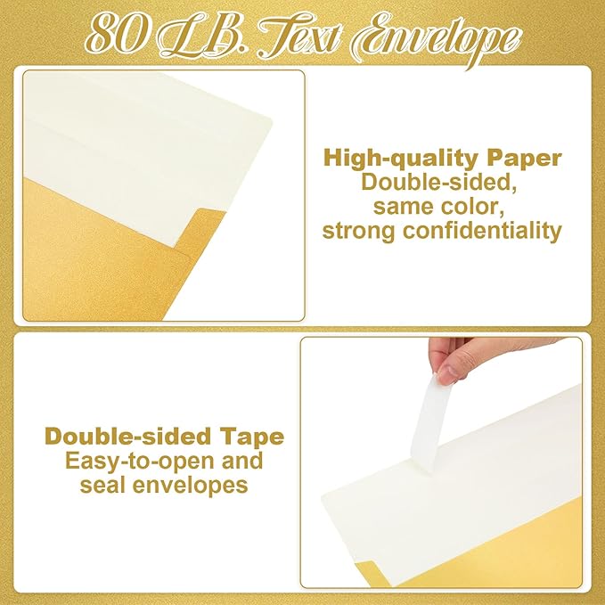 YooNotee 100 Count #10 Gold Metallic Business Envelopes, 80 lb, 4 1/8" x 9 1/2" Metallic Business Letter Size Envelopes, Peel & Press Square Flap, Printable for Professional Mailing and Office Use