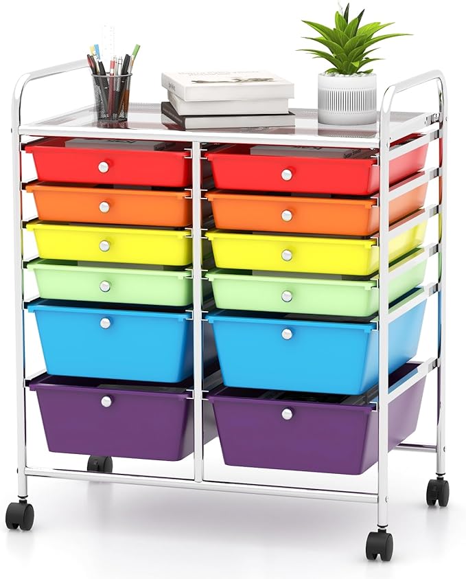 HAPPYGRILL 12-Drawer Rolling Storage Cart, Multipurpose Organizer Cart for Home Office School, Utility Cart with Wheels, (Colorful)