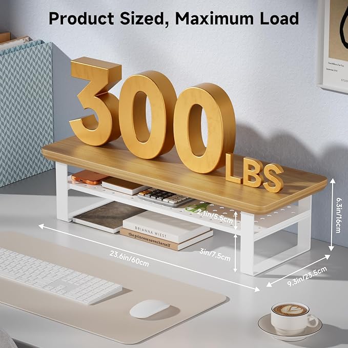 NestNeat Monitor Stand Riser, 24 Inch Computer Monitor Stand for Desk, 2-Tier Wood Desk Shelf Organizer with Storage, Desktop Stand for Laptop/Screen/PC/Printer, Ergonomic Home Office Monitor Stand