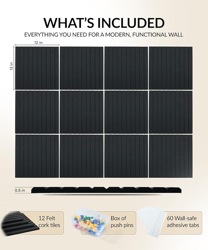 Large Felt Bulletin Board 48" x 36" with Push PINS & Wall Safe Adhesive Tabs – Modern Large Cork Board for Walls in Home or Office, Versatile Felt Board Layout, Cork Board, Vision Board, Dream Board