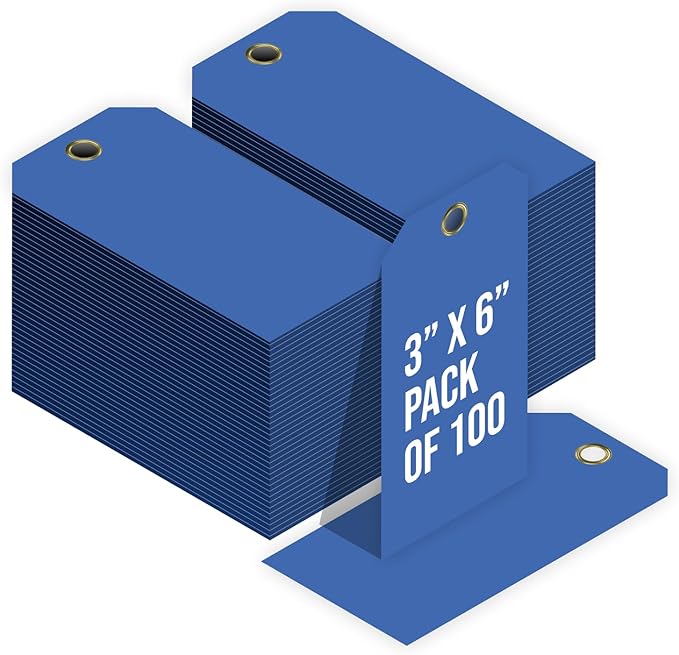 Tags 4 Less 15 Mil Waterproof Plastic Tags, Pack of 100 – 3” x 6” Heavy Duty Plastic Tags for Labeling, Outdoor Tagging, Equipment Labeling, Luggage, Valves & More (Dark Blue)
