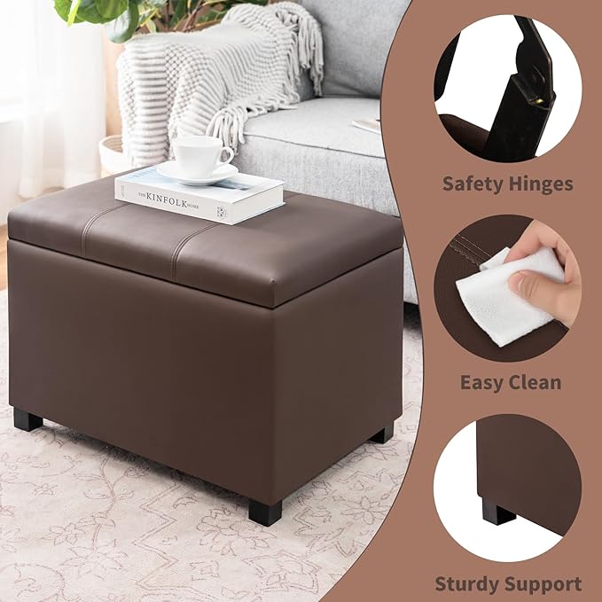 Joveco 24" Leather Storage Ottoman Bench, Rectangle Foot Rest Stool for Living Room, Bedroom, Entryway, Brown