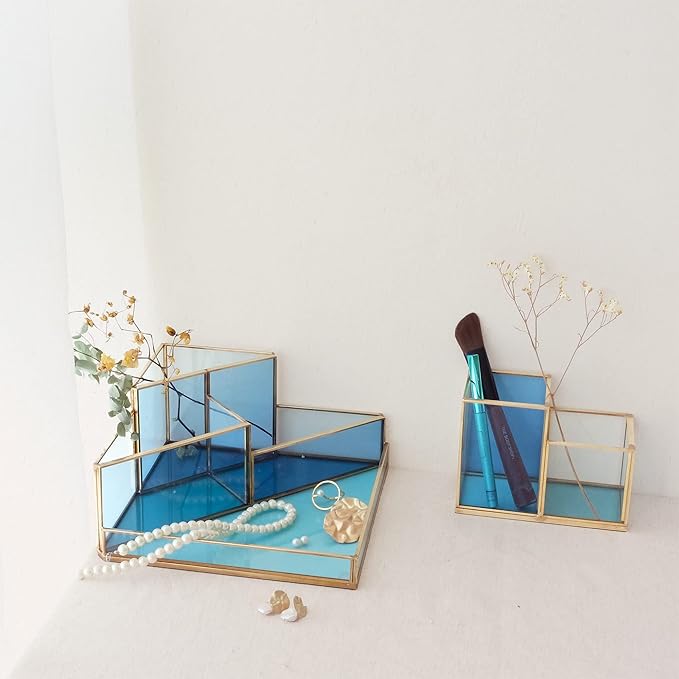 Gold & Blue Glass Desk Organizer - Elegant Office Decor, Aesthetic Makeup Brush Holder & Skincare Organizer, 4-Compartment Pen Holder, Pencil Cup, Vanity & Cosmetic Storage, Desk Accessories for Women