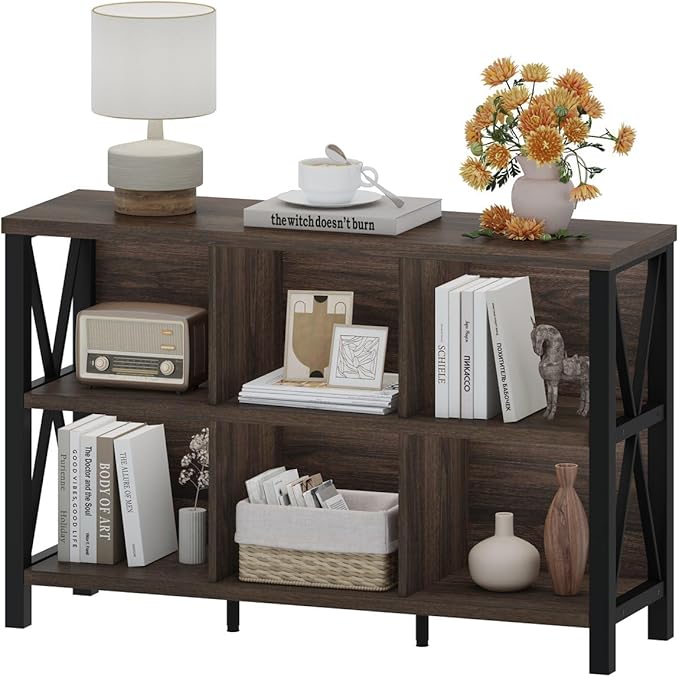 FATORRI 6 Cube Storage Organizer with Shelf, Short Horizontal Bookshelf for Living Room, Wood and Metal Cubby Bookcase, 47 Inch Industrial Low Book Shelf and Book Case (Dark Walnut)
