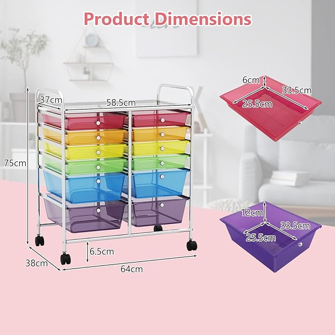Happygrill 12-Drawer Rolling Storage Cart, Multipurpose Organizer Cart for Home Office School, Utility Cart with Wheels, (Colorful Clear)