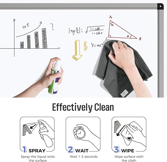loukin Magnetic Whiteboard Cleaning Cloth, Dry Erase Cleaning Cloth for Classroom, Home and Office Use, Reusable & Washable, Gray, 12" x 12", 1 Bottle of 3.4 fl oz Whiteboard Cleaner Included