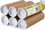 2" x 6" Reinforced Kraft Paper Mailing Tubes, Pack of 6 Tubes with 2 Caps Each – USPS Approved Poster Tube – Made in USA Cardboard Tube for Shipping and Storing Posters, Prints, Artwork, or Documents