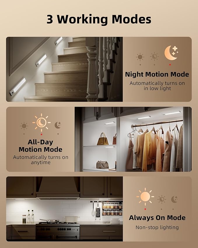 EZVALO 5 Pack Under Cabinet Lighting, 2400mAh Rechargeable Motion Sensor Light, 10inch Magnetic Closet Lights with Dimmable & 3 Color Temps, Wireless Motion Activated Lights with Remote for Kitchen