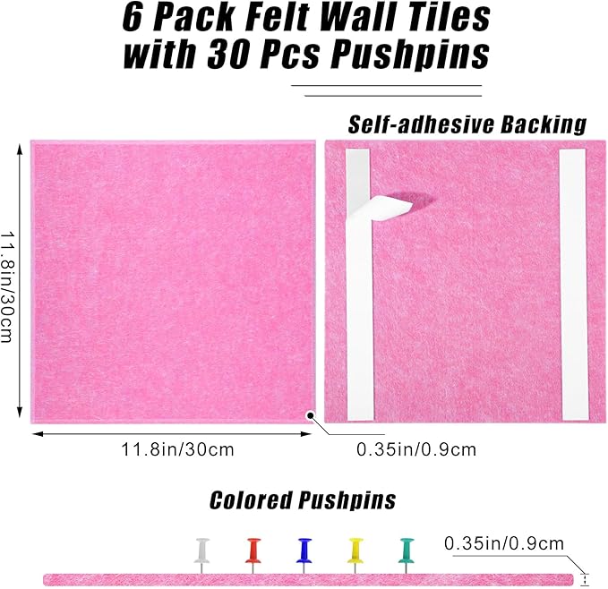 Large Cork Board 36" x 24", 6 Pack Felt Wall Tiles with Colored Pushpins, Bulletin Board with Removable Self-Adhesive Strips, Pin Board Cork Boards for Walls Office Home-Hot Pink
