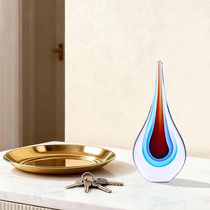 9" Tall Sculpture Hand Blown Glass Decor, Paperweight for Office Desk, Modern Glass Art Figurines Mediterranean Beach House Decor, Living Room Coffee Shelves Table Top Decoration (Red Blue)