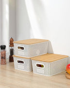 6 Pack Storage Bins with Bamboo Lids,Plastic Storage Baskets and Storage Containers, Storage Baskets for Organizing Shelves Drawers Desktop Closet Playroom Classroom Office Home