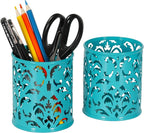 EasyPAG Teal Pen Holder for Desk, 2 Pack Round Pen Organizer, Brush Holder for Vanity, Metal Pencil Cup Organizer for Home, Office, Classroom, School