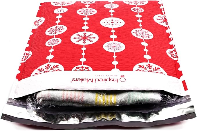 Bubble Mailers 10x13" - Red Snowflake Baubles with Writable Area - 25 Pack - Holiday Poly Padded Envelopes and Bubble Shipping Mailers