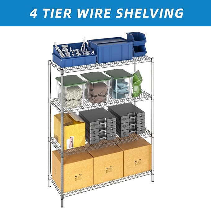 Guan River 4-Shelf Adjustable Metal Shelf Wire Shelving Unit Heavy Duty Storage Rack Shelf for Office,Kitchen,Bedroom,Bathroom,Laundry,Pantry Basement,Garage(Chrome,48" L x 18" W x 62" H)
