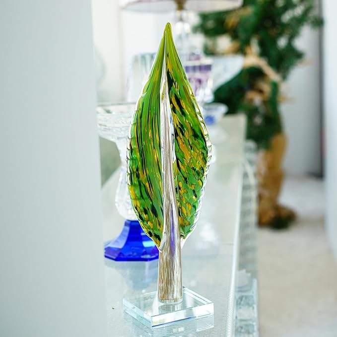 QFkris Blown Glass Tree of Life Leaf Sculpture for Home Decor, 16inch Hand Blown Glass Art Decorative Statue for Book Shelf Living Room Office Desk Home Decoration Accents Collectible Figurines