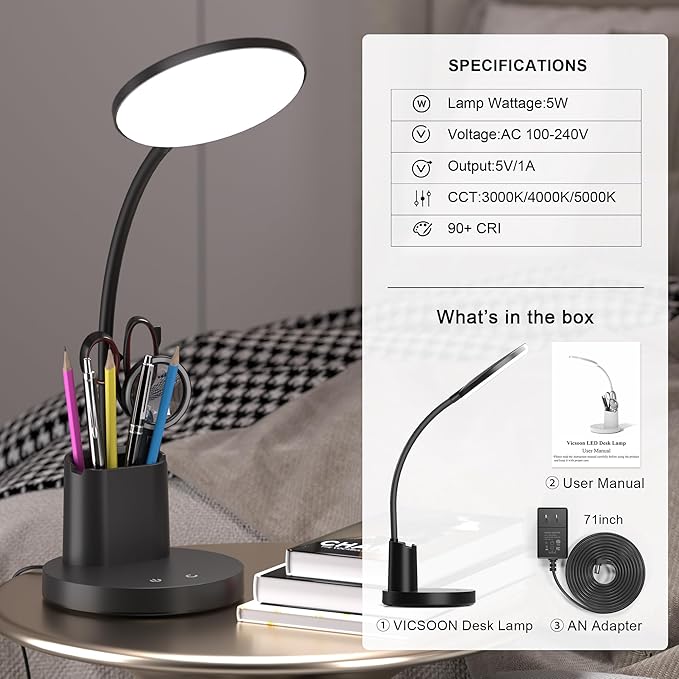 Vicsoon Desk Lamp, LED Desk Lamp for Home Office, Touch Table Lamp with 3 Color Modes 360° Adjustable Arm, Dimmable Desk Light with Pen Phone Holder, Black