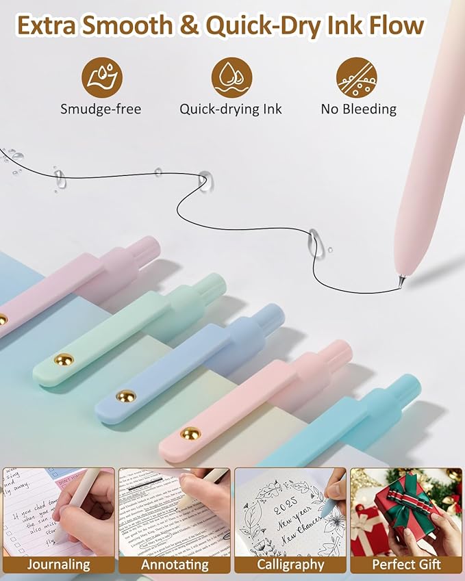 FIOVER Gel Pens, 12 Pcs 0.7mm Comfort Grip Quick Dry Black Ink Pens Fine Point Smooth Writing Pens, Cute Office Back to School Supplies Gifts for Women (12PCS Gradient Black Ink)