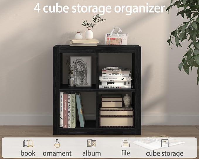 furtble Bookshelf with Storage Bin, 4-Cube Storage Organizer, Modern Wood Open Bookcase, Multifunctional Display Shelf for Living Room, Bedroom, Home Office, Black