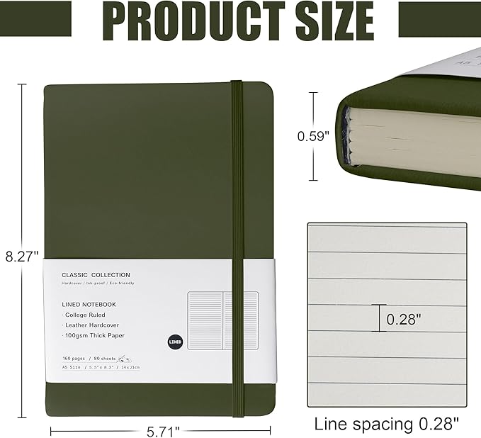 EMOMAS Lined Journal Notebook, 10Pack Hardcover Notebook for Men & Women – Journals for Writing, Work, School, Home & Daily Notes, 160 Pages – Medium A5, 5.7"x8", 100 gsm Thick Paper (Olive Green)