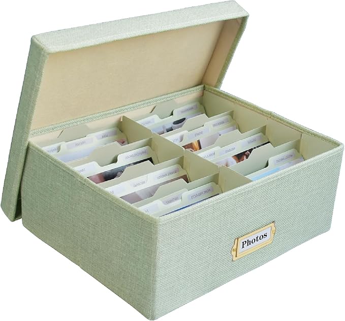 Sprsthai Linen Photo Storage Box – Holds 1700 Photos, 24 Adjustable Dividers & 72 Labels Multi-Use Organizer for Photos, Envelopes, Recipes Beige