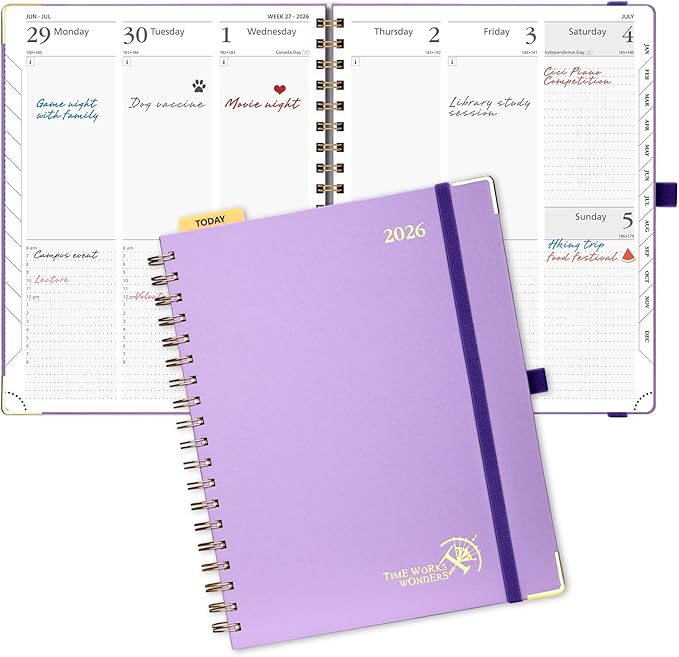 POPRUN 2026 Planner Daily Weekly and Monthly Calendar with Hourly Schedule, Monthly Tabs(Large Size 10'' x 8'' Wire-Bound Hard Cover) - Agenda 2026 (Jan.2026-Dec.2026) - Violet