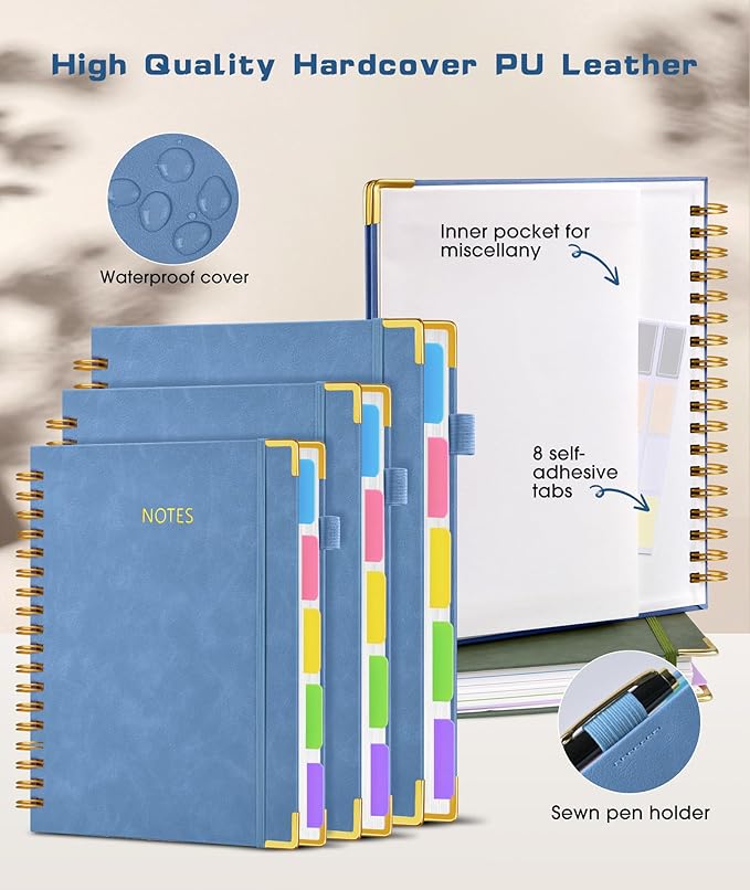 Hardcover Spiral Notebook 8.5"x11" Journal with Removable Dividers Tabs, 300 Pages Leather 5 Subject Notebook College Ruled, Large Notebooks for Work School, Lined Journal for Women, A4 Light Blue