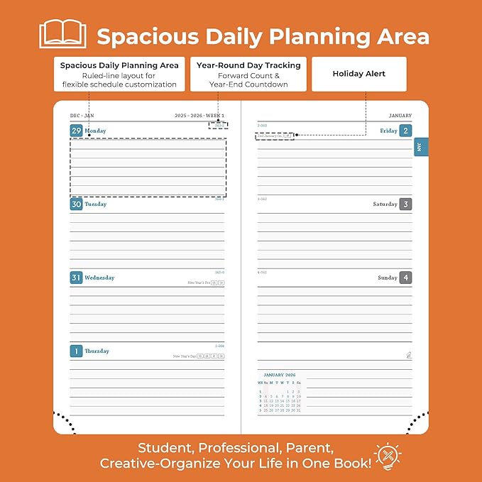 IN-LUXPRO Planner 2026 Daily Weekly and Monthly,6.5"x3.75",12 Months Spiral Bound Calendar Agenda with Self-adhesive Pen Holder,2026 Appointment Book with Vegan Leather Soft Cover,Orange
