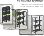 4NM No Assembly Folding Bookshelf Storage Shelves 3 Tiers Vintage Bookcase Standing Racks Study Organizer Home Office (Gray Black)