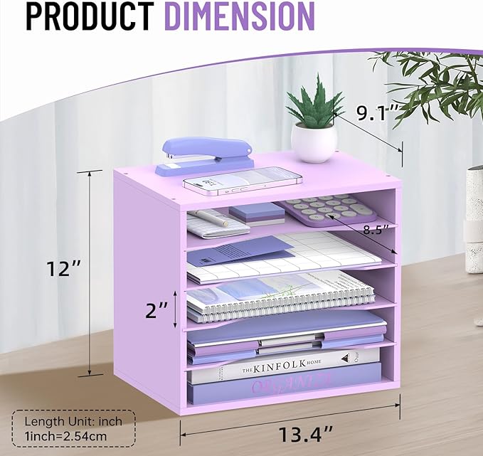 SHARKWOODS 5-Tier Wood Desk Organizer, Paper Tray Organizer for Desk with Adjustable Storage Shelves, Desktop File Organization Paper Sorter Mail Holder for Office Home Classroom, Purple
