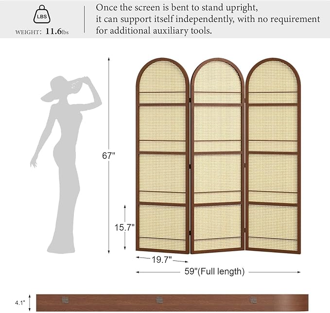 Rattan Room Divider with Bookshelf,Privacy Screen for Home Office & Bedroom,Portable Partition, Wooden Frame