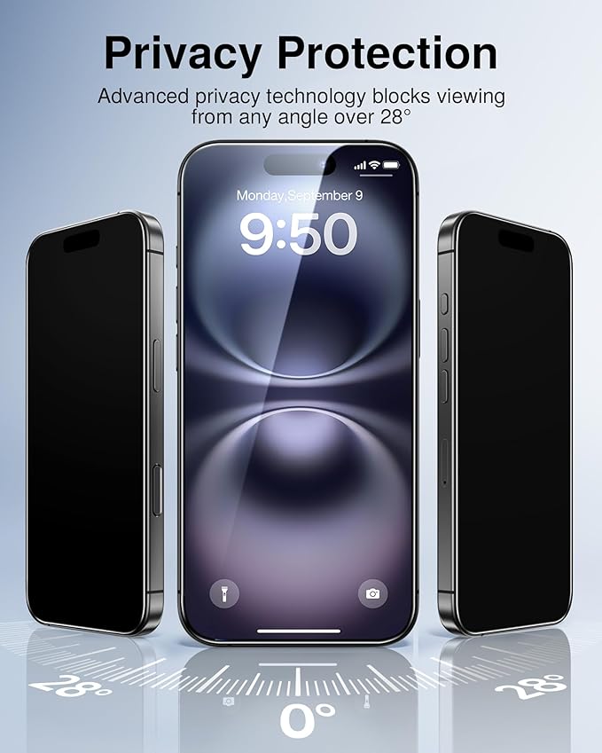 SMARTDEVIL 2 Pack for iPhone 16 Privacy Screen Protector, Military Grade Shatterproof, 9H Hardness, Anti-Spy Tempered Glass, Fast & Easy Instlltion, Case Friendly