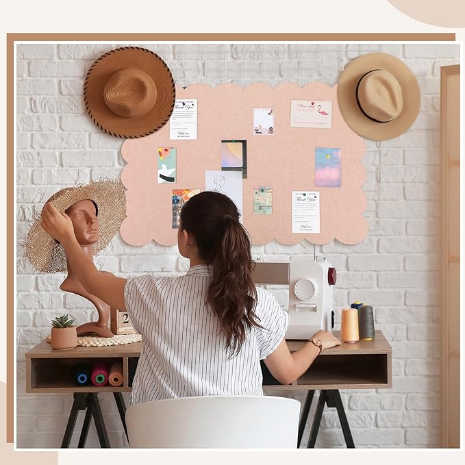 Mooliwe Scalloped Felt Bulletin Board 24 x 18 Inches Foldable Flesh Pink Pin Cork Board Alternative for Wall, 2' x 1.5' Trifold Picture Vision Self Adhesive Bulletin Decorative