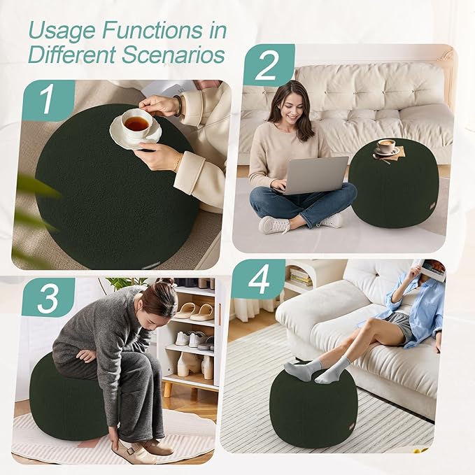 MeMoreCool Stuffed Round Pouf Ottoman Foot Rest, Floor Pouf Foot Stool with Soft Foam Chunk Filling, Small Round Ottoman Footstool Circle Footrest for Living Room, Green