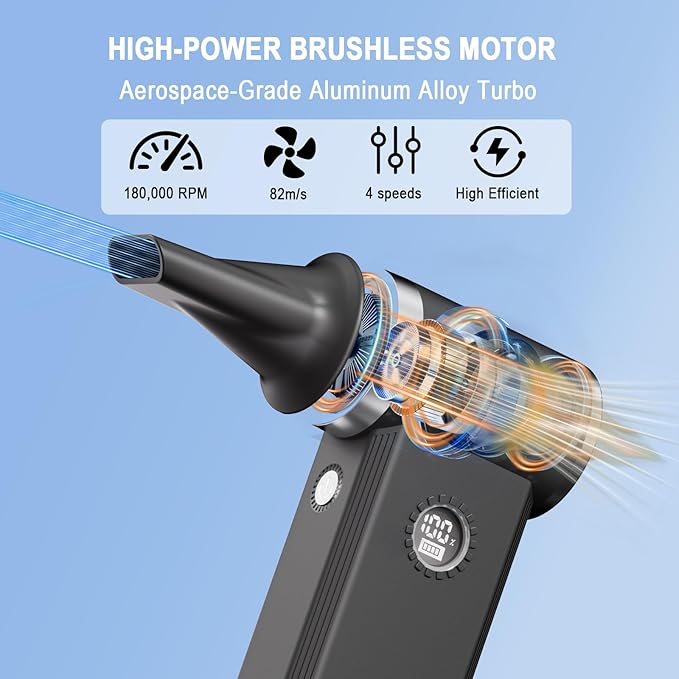 Compressed Air Duster- 180000 RPM Brushless Motor,45W Fast Charge,4-Speed Adjustable Electric Air Duster, Rechargeable Mini Duster Blower for PC,Keyboard,Car,Outdoors,Home and Snow Clearing,Black