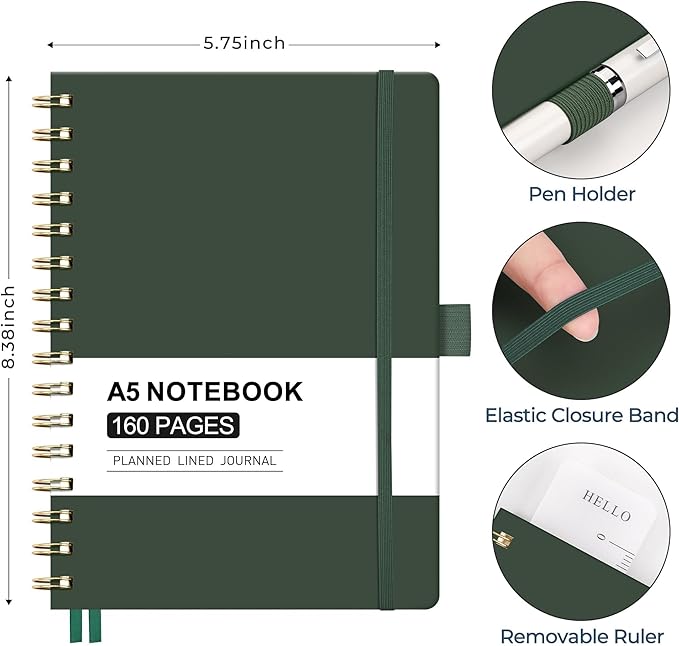 AHGXG Spiral Journal Notebook, 160 Lined Pages, A5 Medium Size (5.7'' x 8.3''), for Men & Women, Journaling, Writing, Work & Office, Hardcover, 100 GSM Thick Paper (Dark Green)