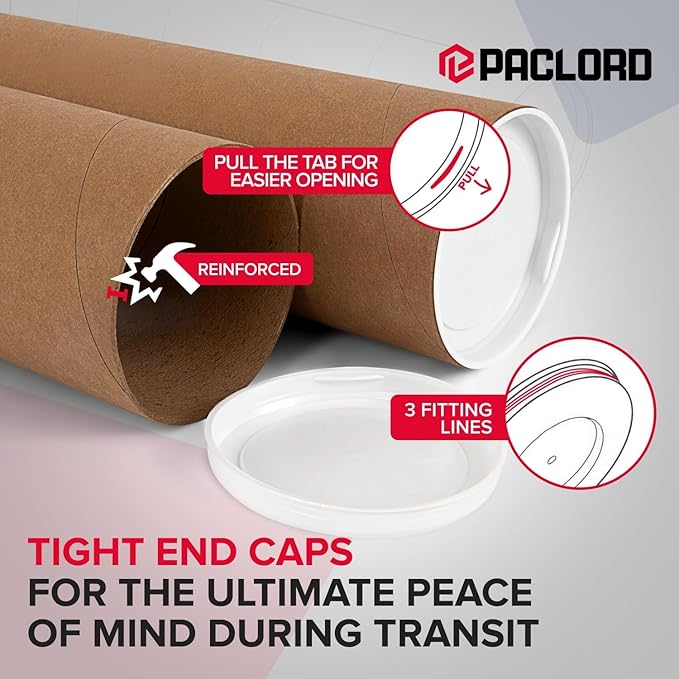 Paclord 4" x 12" Heavy-Duty Reinforced Cardboard Mailing Tube, Pack of 1 Tube with 2 Caps – Secure USPS Approved – Great for Shipping and Storing of Prints, Artwork, Posters or Documents