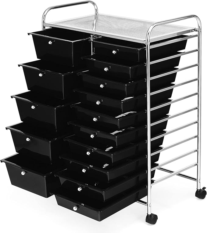 DORTALA 15-Drawer Rolling Storage Cart with Drawers, Rolling Utility Cart w/Removable Drawers & Universal Wheels, Tools Scrapbook Paper Organizer for School, Office, Home, Classroom (Black)