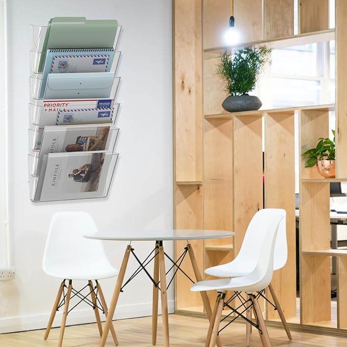 MINDEPOT 6 Pockets Acrylic Wall File Organizer, Clear Wall File Holder, Plastic Hanging Wall File Holder for Office, School and Home, Clear
