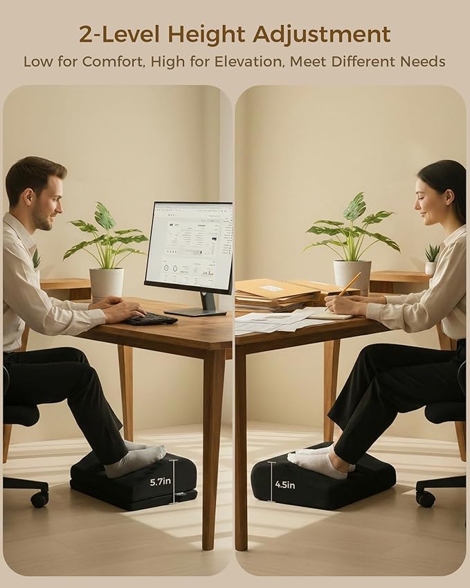 Feagar Foot Rest for Under Desk at Work - Ergonomic Foot Stool with Washable Cover, 2 Adjustable Height Footrest for Office, Home and Car Use, Supports Comfortable Sitting Posture