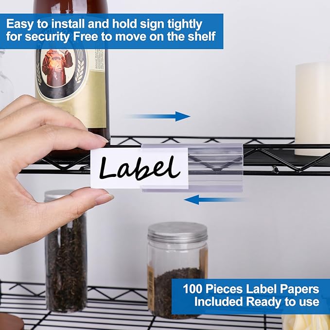 100 Pcs Wire Shelf Label Holder with Paper Inserts, Compatible with 1-1/4 Inch Shelves, Plastic Shelf Tags for Wire Shelving Label Clips with Label Paper Removable Wire Rack Label Holder Display Clip