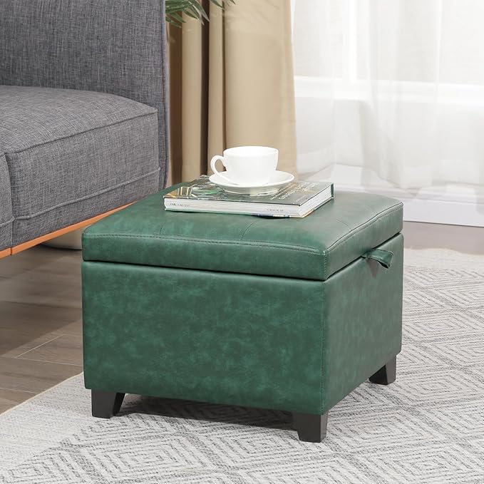 Asense 17 Inch Storage Ottoman Foot Rest,Square Faux Leather Foot Stool,Small Ottoman with Storage,Padded Seat for Entryway,Living Room,Bedroom,Couch,Under Desk,Green