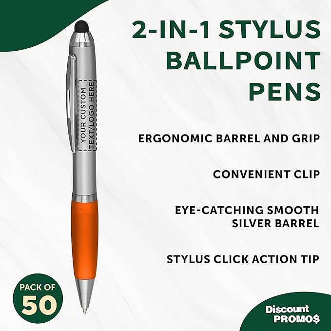 DISCOUNT PROMOS Custom Stylus Ballpoint Pens Set of 50, Personalized Bulk Pack - Black Ink, Great for Office, School, Business, Tradeshows, Events - Orange