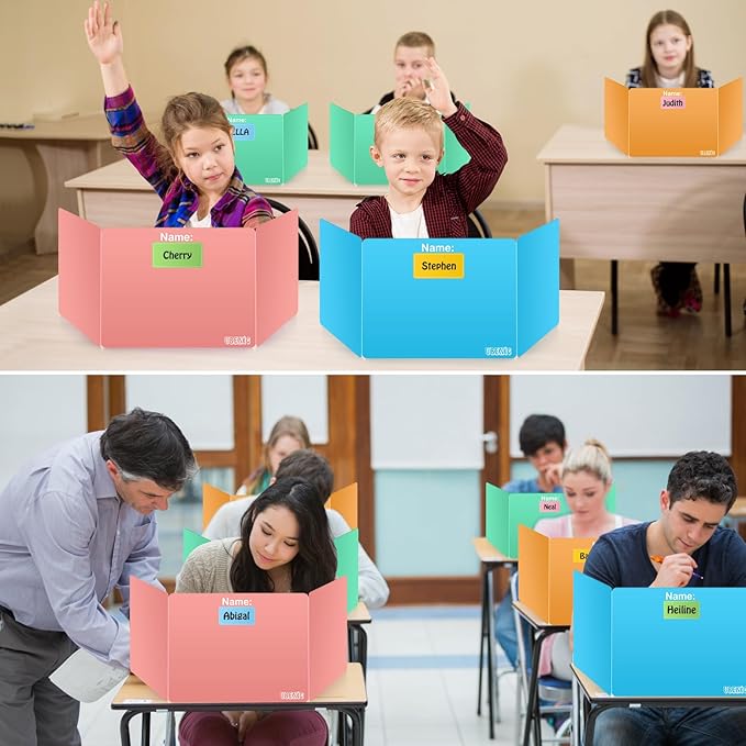Colorful 24-Pack Desk Dividers for Students, Durable Plastic Study Carrel Divider, Easy to Clean Privacy Classroom Shield Folder Boards for Student Desk Pink Orange Blue Green